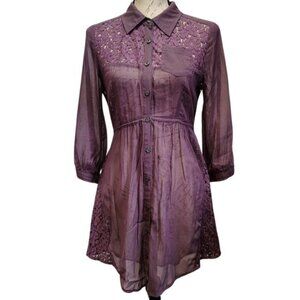 Free People Purple Sheer Lace Button-Up Tunic Size 4 - Western Cottagecore Boho